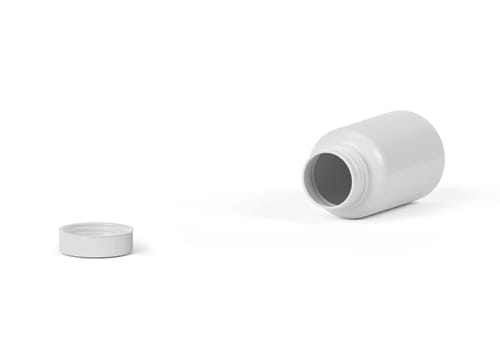 Blank plastic pill bottle on a white background