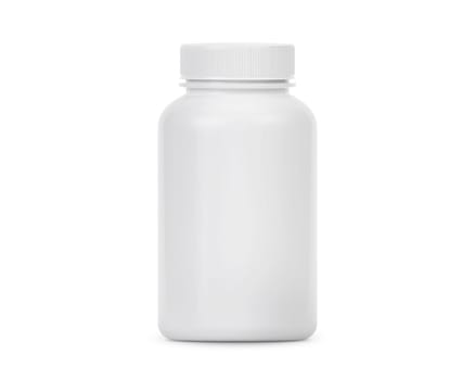 Blank plastic pill bottle on a white background