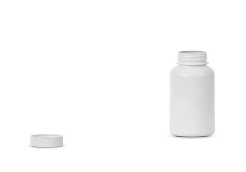 Blank plastic pill bottle on a white background