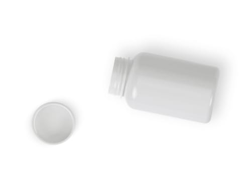 Top view. Blank plastic pill bottle on a white background