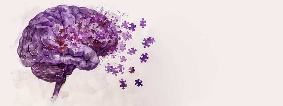 Alzheimer awareness day, dementia diagnosis, Parkinson disease, memory loss disorder, brain with purple puzzle or jigsaw pieces, damaged mind