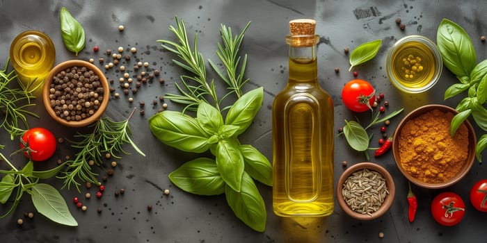 Olive oil with fresh herbs, spice rosemary and basil leaf, pepper and tomato, mediterranean food ingredients