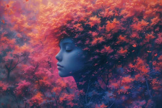Woman colorful foliage, creativity explosion, positive thinking, self identidy and wave of imagination, consciousness of mind