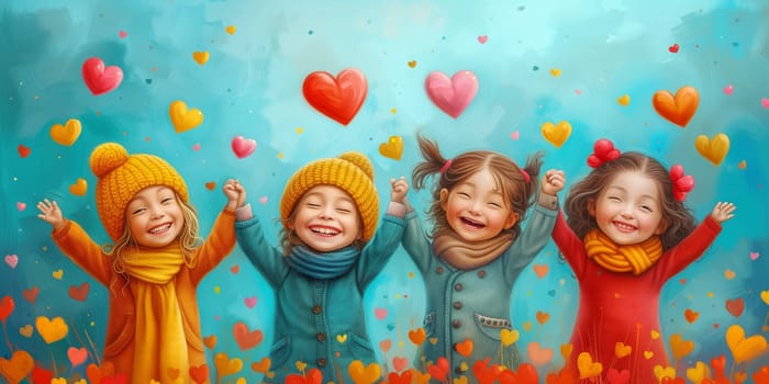 Happy children holding hands, hearts in the sky, love, emotion and friendship, happiness in childhood, kids playing together