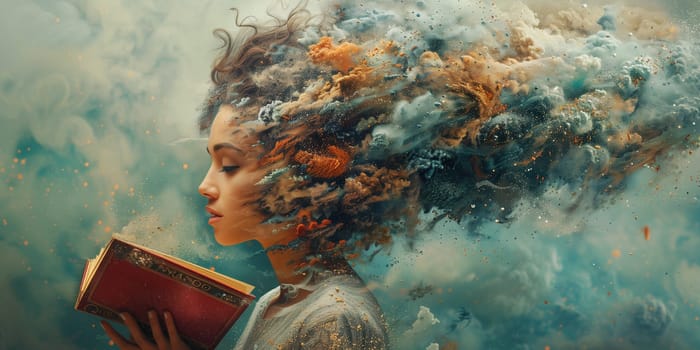 Woman reading a book, creative mind cloud, exploding brain full of ideas, fantasy and imagination, story telling