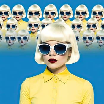 Fashionable woman with short blonde hair and sunglasses over blue background - AI Generated