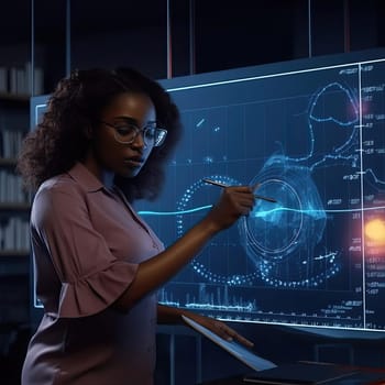 African American businesswoman working on a screen at night in office - technology concept - AI Generated