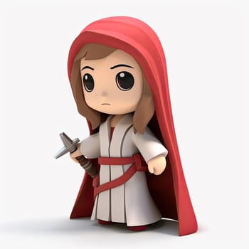 Illustration of a little girl in a medieval costume holding a sword on a white background - AI Generated