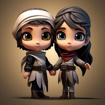 Cute cartoon couple in medieval clothes holding hands - 3d illustration - AI Generated
