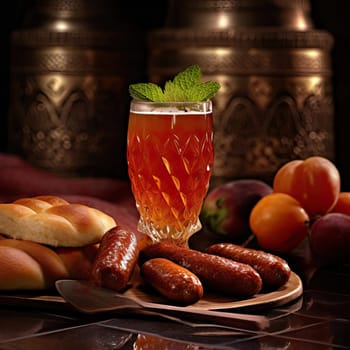 A glass of cold beer with sausages, vegetables, and bread - AI Generated