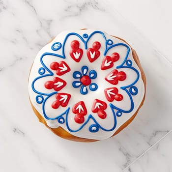 Donut with white glaze and red hearts on top on white marble background - AI Generated