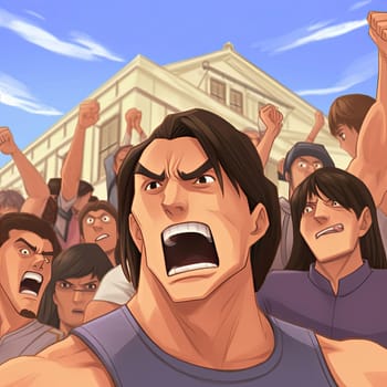 Angry crowd of people in front of the government building - vector illustration - AI Generated