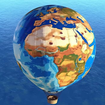 Hot air balloon with map of the world over the sea - 3d render - AI Generated