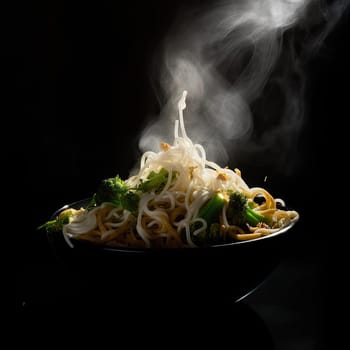 Chinese noodles with vegetables in a bowl on a black background with smoke - AI Generated