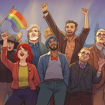 Vector illustration of a group of people with a rainbow flag in their hands - AI Generated
