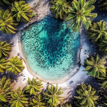 Aerial view of a tropical island with palm trees and turquoise water - AI Generated