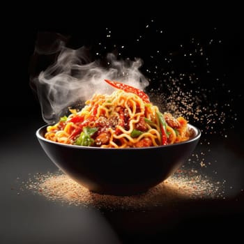 Pasta with meat and vegetables in a bowl on a black background - AI Generated
