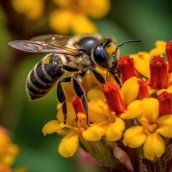 Macro of a bee on a yellow flower collecting nectar - AI Generated