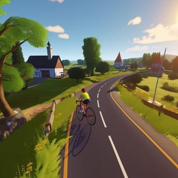 Cyclist rides on the road in the village - 3d render - AI Generated