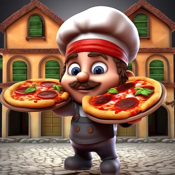 Cartoon chef with pizza in front of the house, 3d render - AI Generated