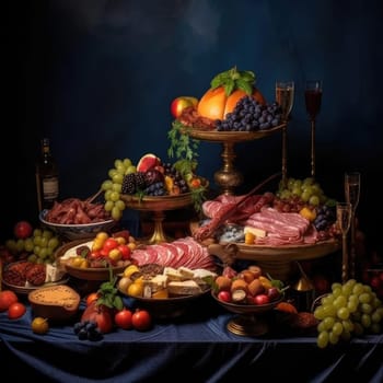 Still life with different types of meat and cheese on a dark background - AI Generated