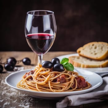 Spaghetti bolognese with black olives and red wine - AI Generated