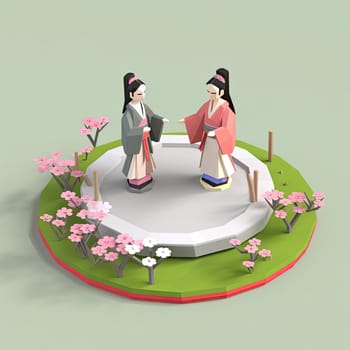 Japanese wedding ceremony in spring, 3d isometric vector illustration - AI Generated