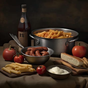 Pasta, sausages, bread, and tomatoes on the table - AI Generated