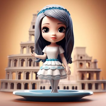 Cute cartoon girl with Roman Forum in background - 3d rendering - AI Generated