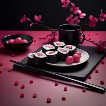 Sushi rolls on a plate with chopsticks and red cherry blossoms on pink background - AI Generated