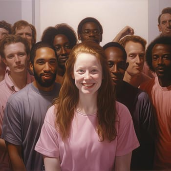 Portrait of a young red-haired woman in front of a group of people - AI Generated