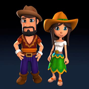 Cartoon cowboy and cowgirl on black background - vector illustration - AI Generated