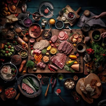 Various meat products and vegetables on a wooden cutting board, top view - AI Generated