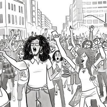 Black and white vector illustration of a crowd of people in the city - AI Generated