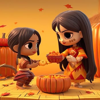 Cute little girl and her mother cooking pumpkin for Halloween - cartoon vector illustration - AI Generated