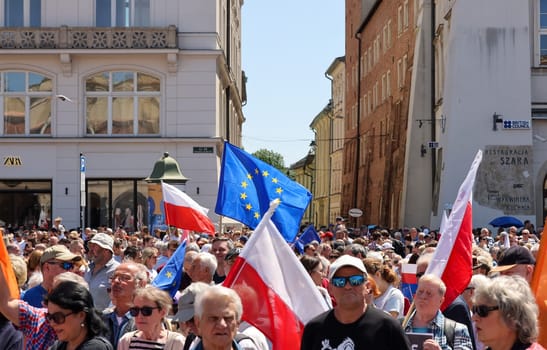 Cracow, Poland - June 4, 2023: March of freedom, march in defense of democracy, Krakow supports the great march in Warsaw.