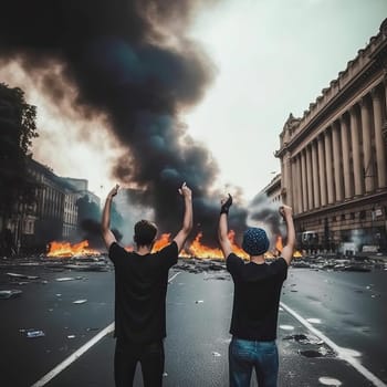 Rear view of two young men with raised arms protesting on the street - AI Generated