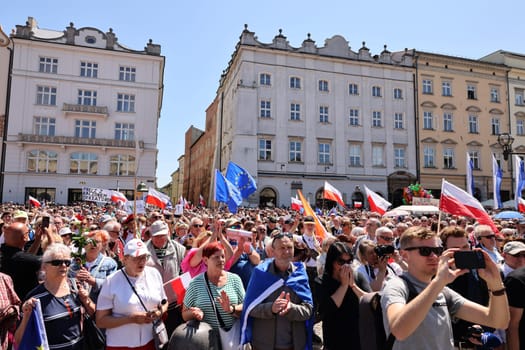 Cracow, Poland - June 4, 2023: March of freedom, march in defense of democracy, Krakow supports the great march in Warsaw.