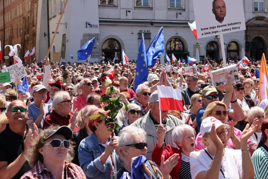 Cracow, Poland - June 4, 2023: March of freedom, march in defense of democracy, Krakow supports the great march in Warsaw.