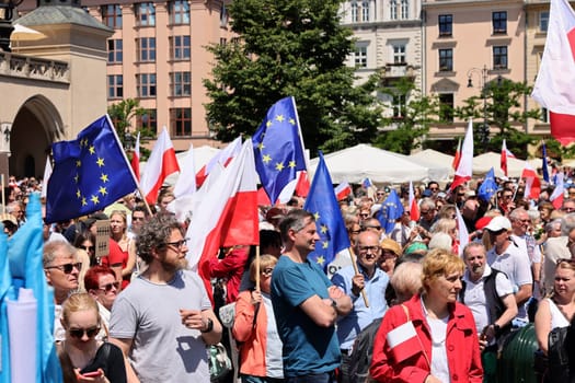 Cracow, Poland - June 4, 2023: March of freedom, march in defense of democracy, Krakow supports the great march in Warsaw.