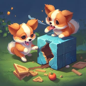 Two cute cartoon chihuahua puppies playing - AI Generated