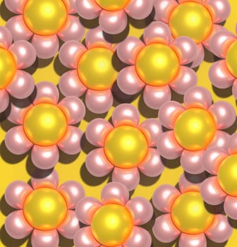 Decorative element in the form of a flower with pink petals and a yellow center on a yellow background. 3D rendering illustration