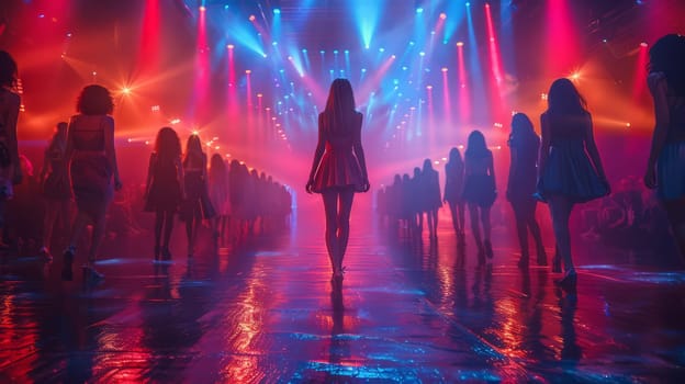 elegant models walking down the catwalk in stunning outfits walking along the catwalk illuminated by multi-colored spotlights.