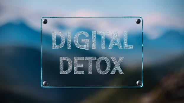 A glass sign with the words ,Digital Detox, etched onto it, set against a serene mountain backdrop, suggesting a peaceful break from technology.