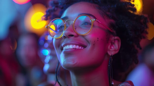 A young woman with glasses smiles brightly, illuminated by colorful lights in a nighttime setting