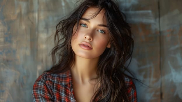 Close-up portrait of a young woman with tousled hair and freckles, set against a rustic background, highlighting her natural beauty.