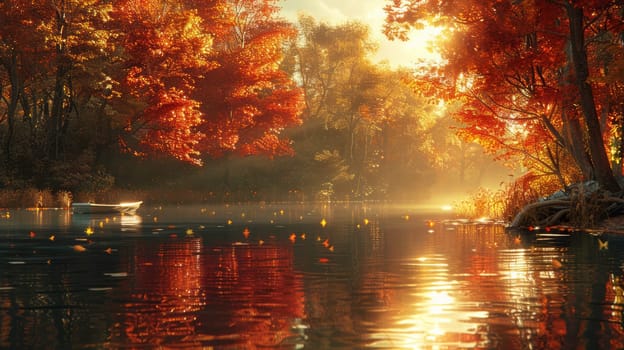 Early autumn in the Northern Hemisphere, autumnal equinox,A serene lake surrounded by vibrant autumn foliage, with a small boat drifting peacefully on the water.