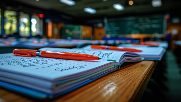 A classroom with open notebooks and pens on desks, focus on the foreground with a blurred background of a chalkboard and windows.