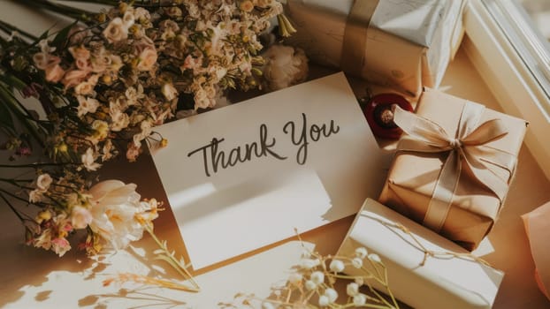 A beautifully arranged thank you card surrounded by delicate flowers and wrapped gifts, creating a warm and appreciative atmosphere.
