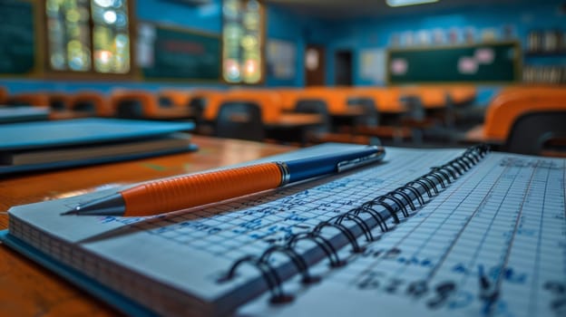 Notebooks and pen lying on classroom table with blurred classroom background